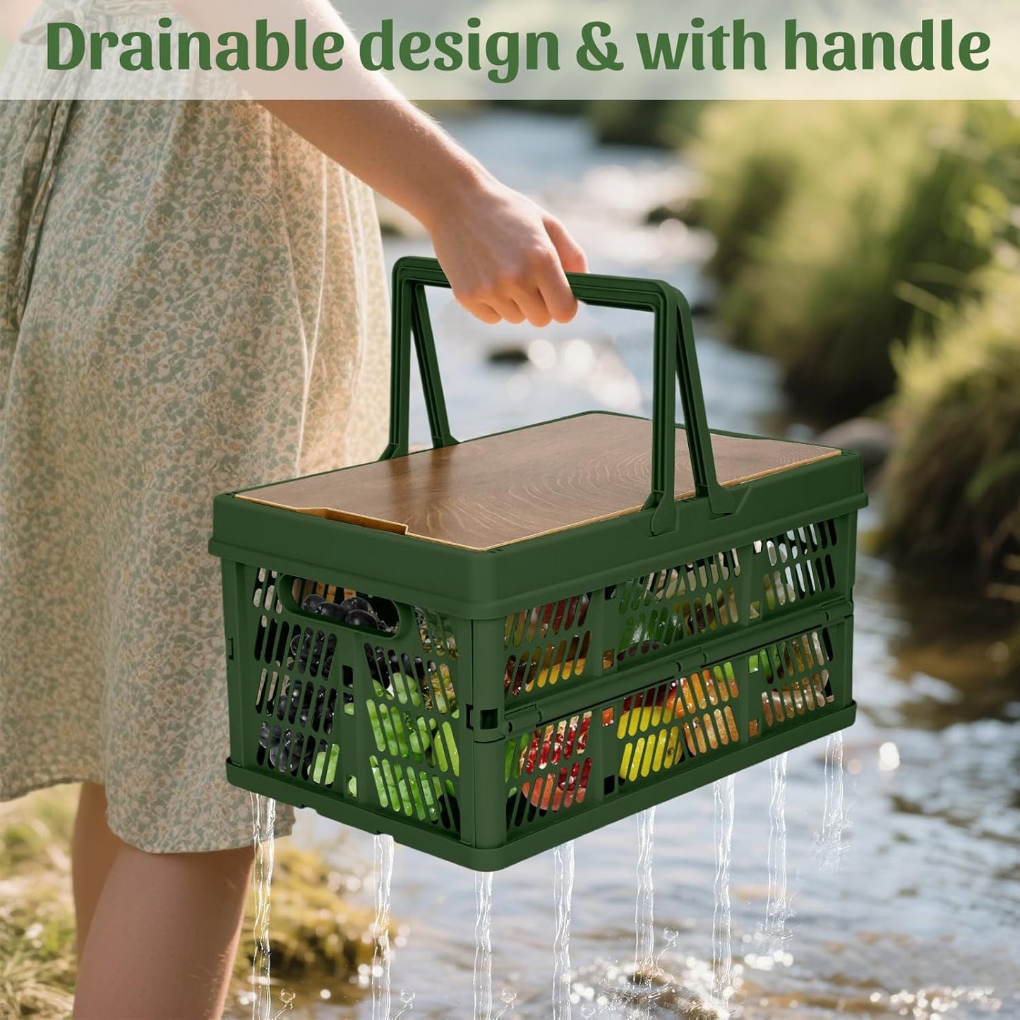 Collapsible Storage Bin with Wooden Lid & Handle, 18L Plastic Crate, Picnic Basket for Camping, for Outdoor & Travel, Green