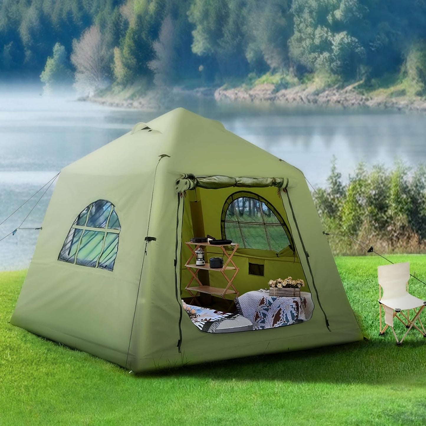 2026 Upgraded 100% Waterproof Inflatable Camping Tent, Large Blow-Up Air Tent, No Assembly Needed Luxury Glamping House, Oxford Fabric