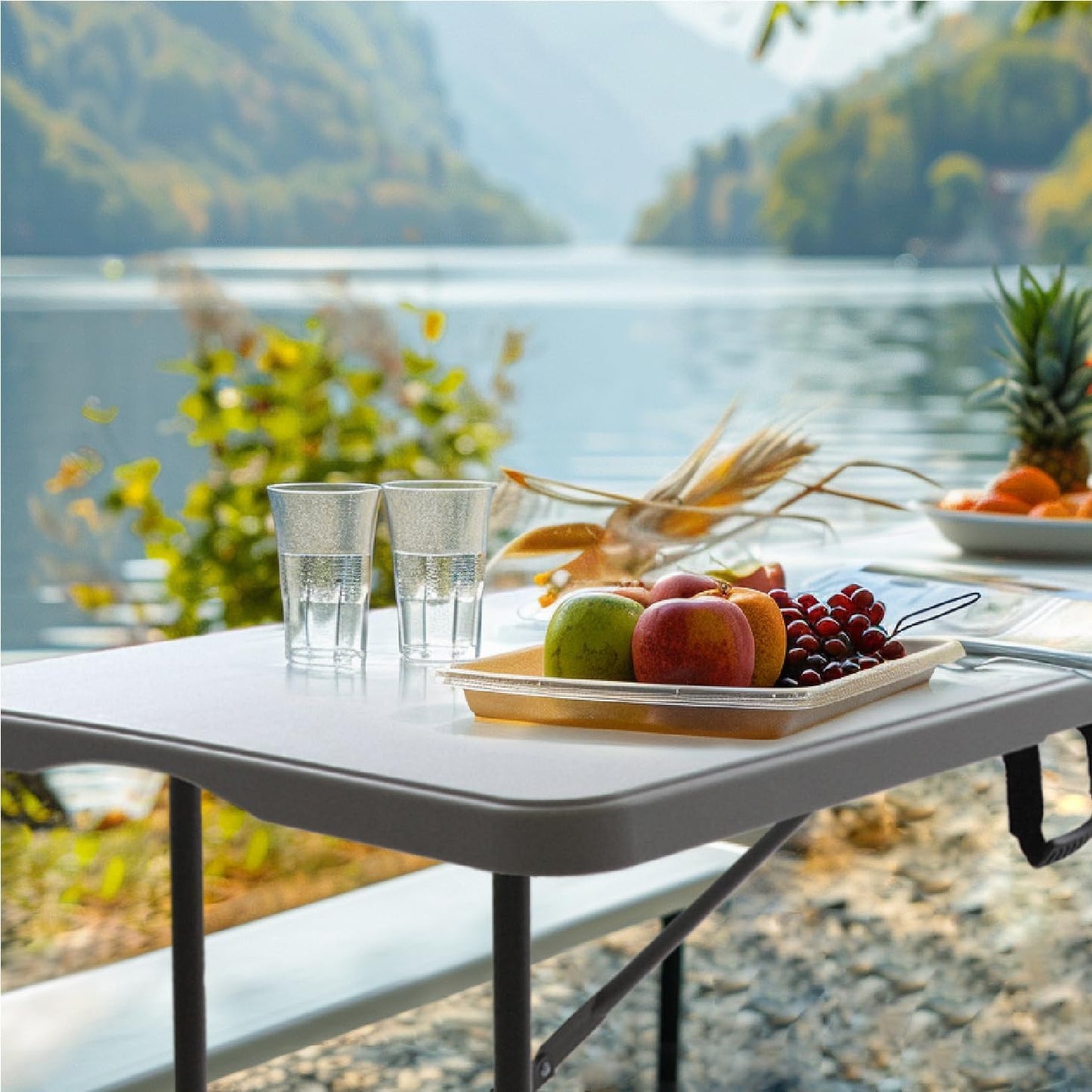 6FT Folding Picnic Table Portable Fold-in-Half Plastic Dining Picnic Party Table with Tablecloth, White