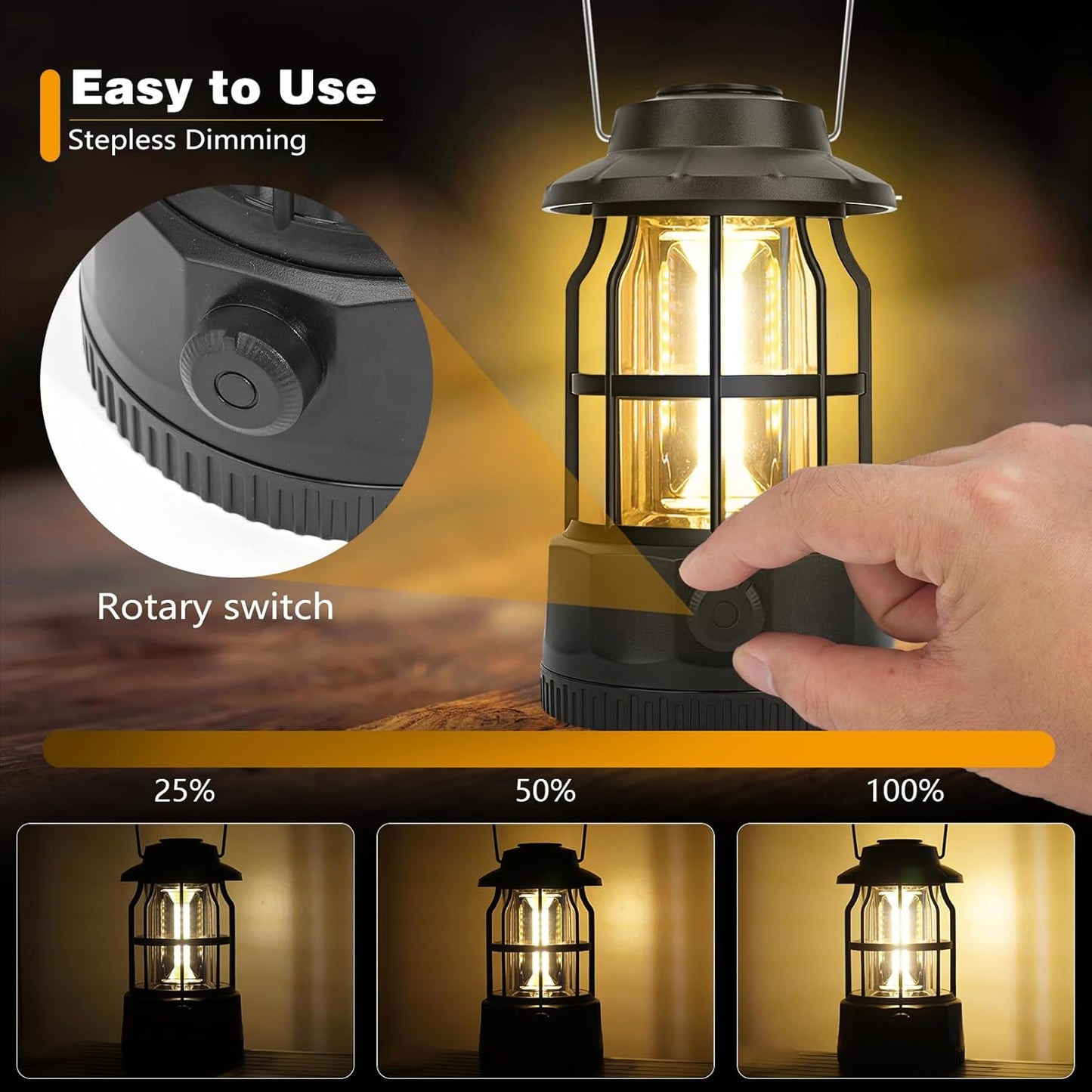 Camping Lantern Rechargeable USB Powered, Stepless Dimmer, Metal Retro Camping Light Waterproof Hanging LED Vintage Tent Lamp for Outdoor Hiking Fishing Emergency (Black)