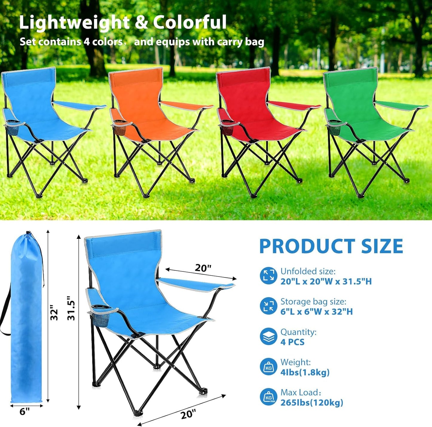 Folding Camping Chairs with Cupholder and Carry Bag Portable Lightweight Lawn Chairs with Mesh Side Pocket for Fishing Hiking Picnic Party Beach Outdoor Sports Activity (Classical,4 Pcs)