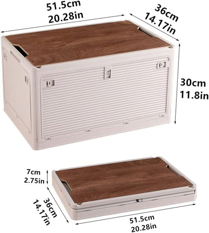 Foldable Storage Bins with Wood Lids Plastic Collapsible Storage Box with Cutting Board Portable Stackable Grocery Container Folding Latching Storage Crate with Removable Pulley (L, Khaki)