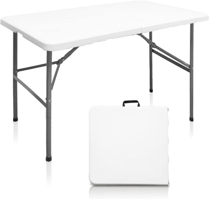 Bi-Fold Folding Table 4 FT, Plastic Portable Table for Dining Parties Card Picnic Camping, Granite White