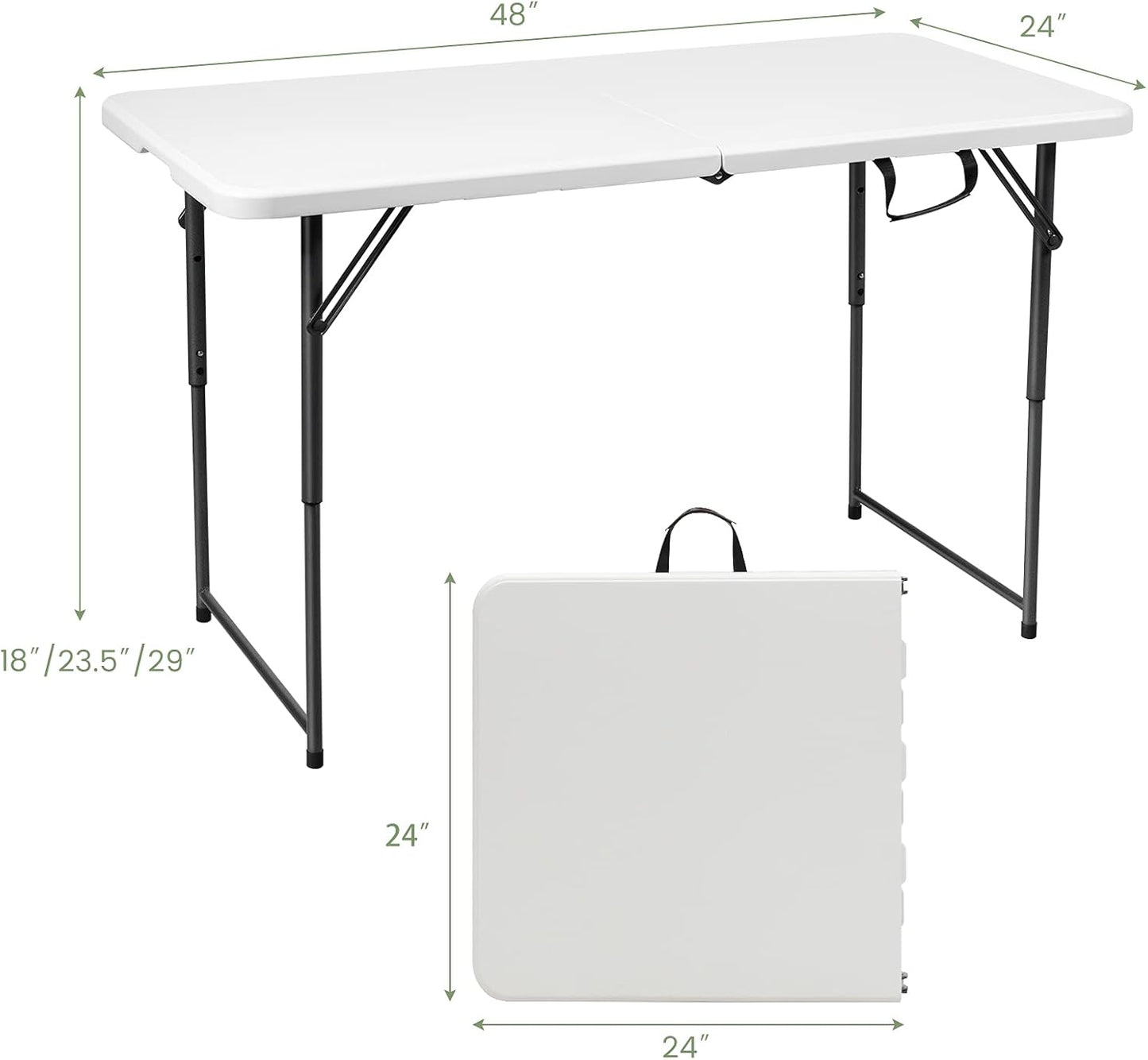 4ft Folding Table, 48 x 24 Inch Indoor Outdoor Foldable Plastic Folding Tables, Height Adjustable Portable Rectangular Utility Card Table w/Handle, for Picnic, Party, Dining, Camping, White