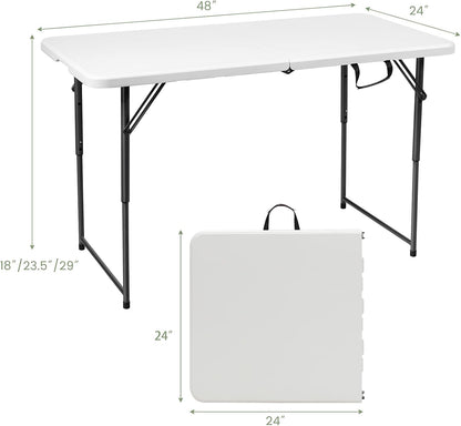 4ft Folding Table, 48 x 24 Inch Indoor Outdoor Foldable Plastic Folding Tables, Height Adjustable Portable Rectangular Utility Card Table w/Handle, for Picnic, Party, Dining, Camping, White