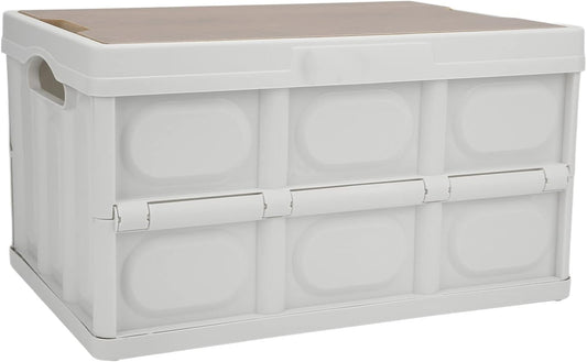 Portable 30L Outdoor Folding Storage Box with Wooden Cover, Multifunction Storage Box for Outdoor Supplies (White)