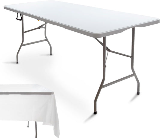 6FT Folding Picnic Table Portable Fold-in-Half Plastic Dining Picnic Party Table with Tablecloth, White