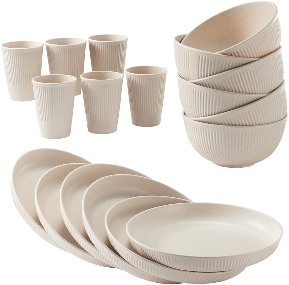 18pcs Wheat Straw Dinnerware Sets  Unbreakable Reusable Dinnerware Set Kitchen Cups Plates and Bowls Sets Dishwasher Microwave Safe Plates
