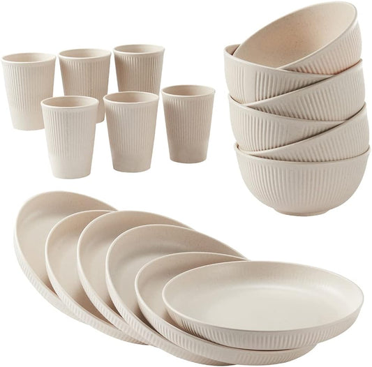 18pcs Wheat Straw Dinnerware Sets  Unbreakable Reusable Dinnerware Set Kitchen Cups Plates and Bowls Sets Dishwasher Microwave Safe Plates