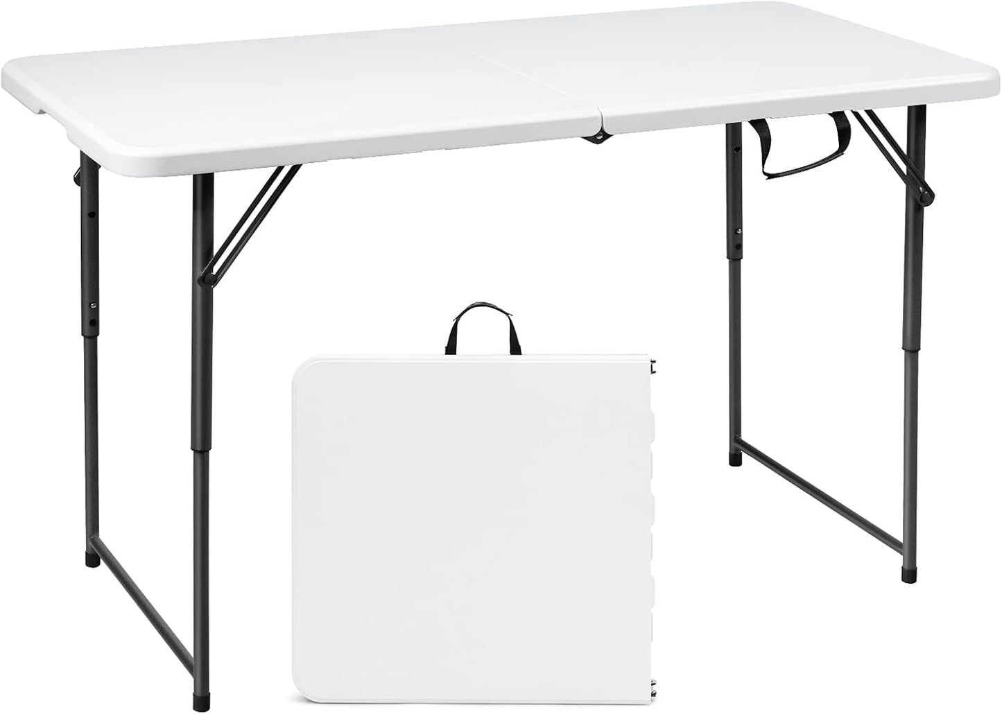 4ft Folding Table, 48 x 24 Inch Indoor Outdoor Foldable Plastic Folding Tables, Height Adjustable Portable Rectangular Utility Card Table w/Handle, for Picnic, Party, Dining, Camping, White
