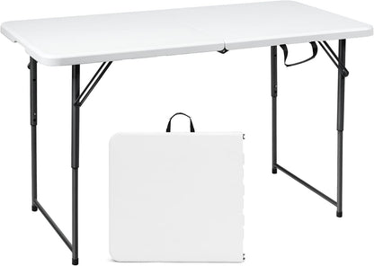 4ft Folding Table, 48 x 24 Inch Indoor Outdoor Foldable Plastic Folding Tables, Height Adjustable Portable Rectangular Utility Card Table w/Handle, for Picnic, Party, Dining, Camping, White