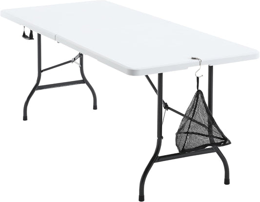 6Ft Folding Picnic Portable Table,with Mesh Bag Indoor Outdoor,Heavy Duty Foldable Plastic Camp Desk with Handle Legs for Dining Wedding&Party,White