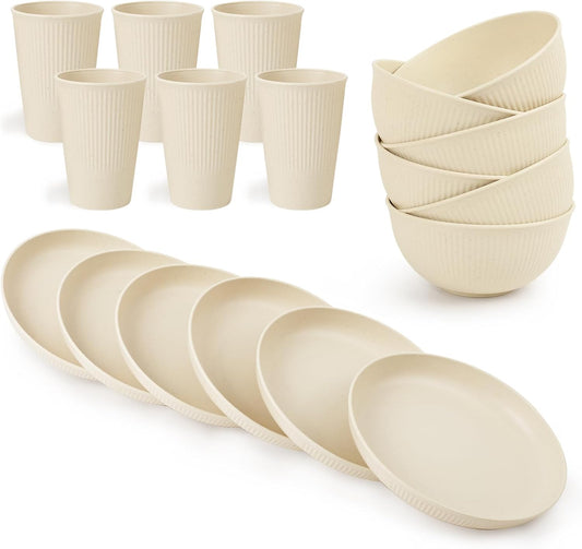 18PCS Wheat Straw Dinnerware Sets Unbreakable Dinnerware Sets Reusable Cups Plates and Bowls Sets Microwave Dinnerware Set for Kitchen Travel Camping