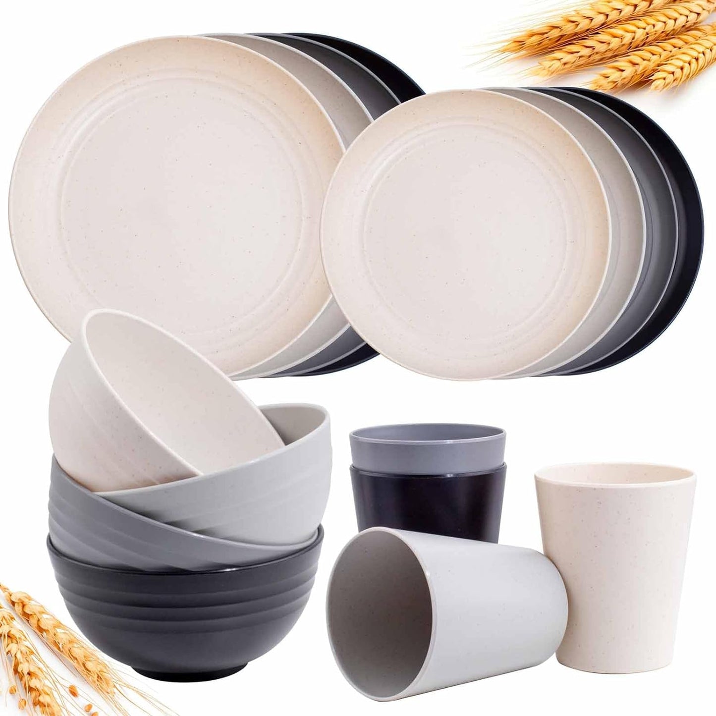 Wheat Straw Dinnerware Sets, 16PCS Plastic Dinnerware Set for 4, Wheat Straw Plates and Bowls Sets, Unbreakable Dinnerware Plastic Microwave Safe Dishes Set for Kitchen&Camping