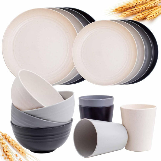 Wheat Straw Dinnerware Sets, 16PCS Plastic Dinnerware Set for 4, Wheat Straw Plates and Bowls Sets, Unbreakable Dinnerware Plastic Microwave Safe Dishes Set for Kitchen&Camping