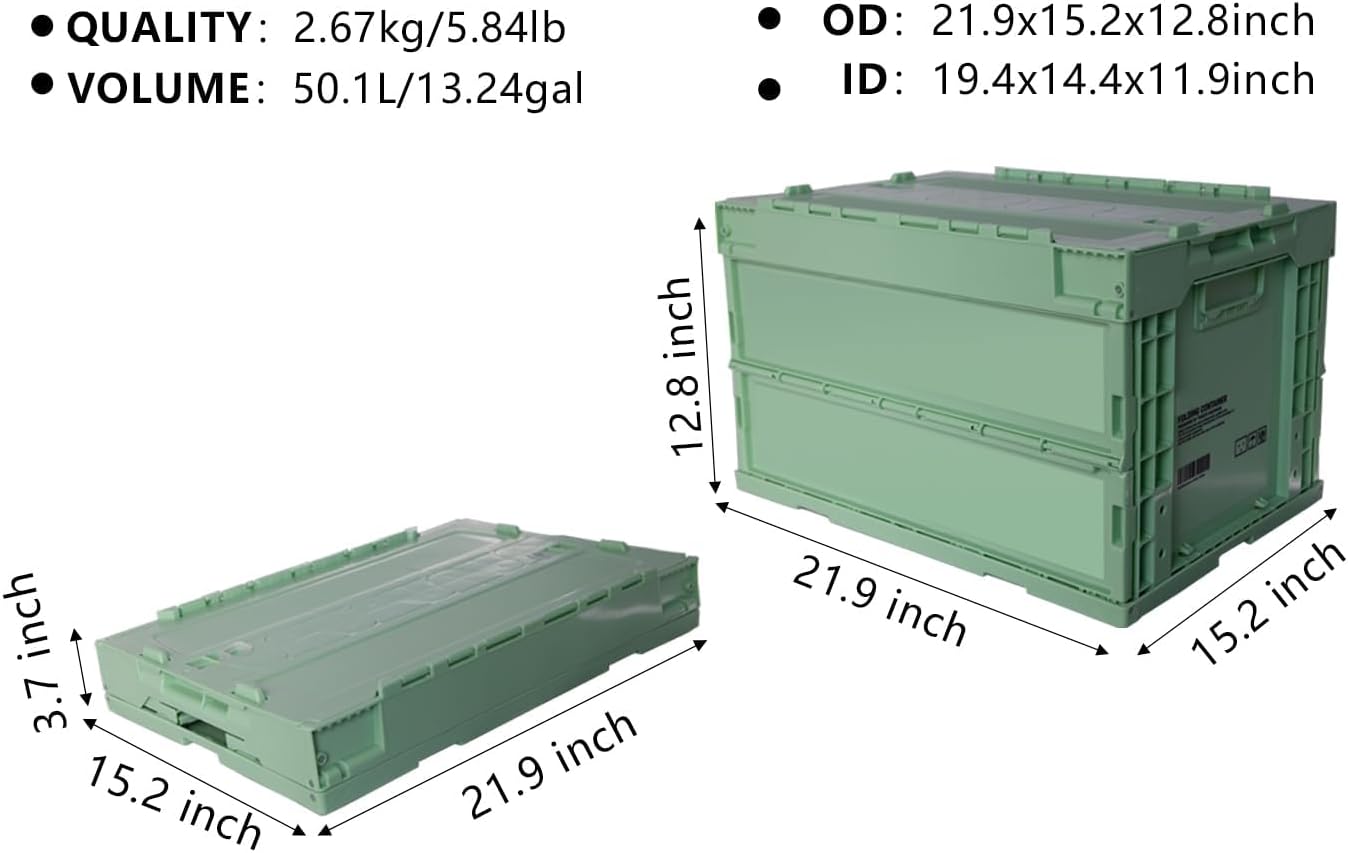 Foldable Storage Bin 56QT Collapsible Organizer Box with Handles for Home, Car Trunk, Camping & Outdoor, Eco-Friendly Plastic Container (Khaki, 21.9"x15.2"x12.8")