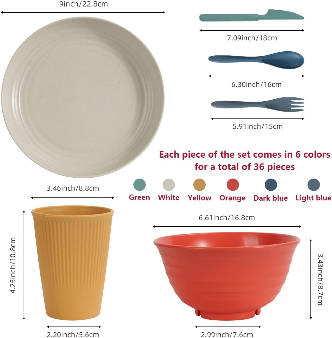 Wheat Straw Dinnerware Sets -  36 Piece Unbreakable Dinnerware Sets, Reusable Wheat Straw Plates and Bowls Sets, Travel Camping Cutlery Set, Dishwasher Microwave Safe Dinnerware Colourful