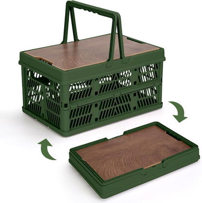 Collapsible Storage Bin with Wooden Lid & Handle, 18L Plastic Crate, Picnic Basket for Camping, for Outdoor & Travel, Green