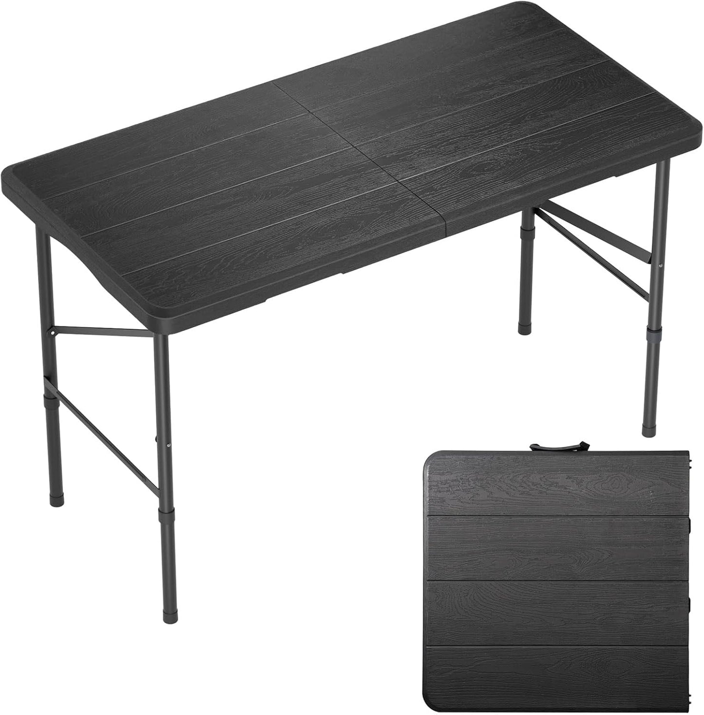 4 Ft Plastic Folding Table,Heavy Duty Portable Table for Indoor & Outdoor,Wood Grain Desktop & 350lbs Weight Capacity,Premium Solutions for Camping,Picnic,BBQ and Party
