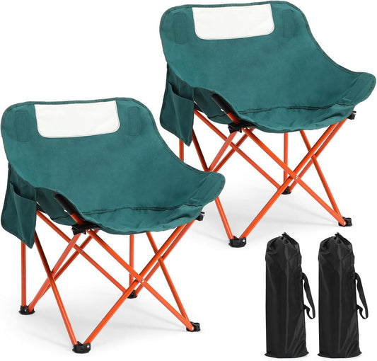 2 Pack Compact Camping Chairs Portable Folding for Outside with Carry Bag Lightweight Moon Chairs for Travel Picnic Hiking Beach Fishing, 600D Oxford, Supports 330lbs(Green)