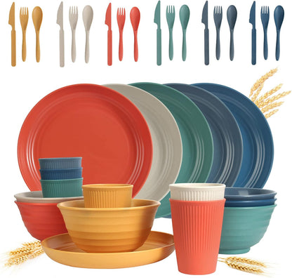 Wheat Straw Dinnerware Sets -  36 Piece Unbreakable Dinnerware Sets, Reusable Wheat Straw Plates and Bowls Sets, Travel Camping Cutlery Set, Dishwasher Microwave Safe Dinnerware Colourful