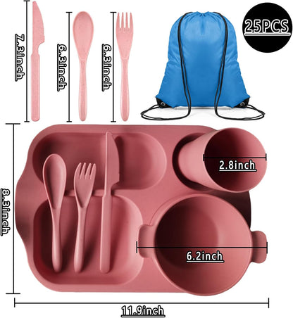 24 Pcs Wheat Straw Dinnerware Sets BPA Free Lightweight Bowl Reusable Dinner Plates Microwave Dishwasher Safe Cup Portable Spoon Knife Fork Dinnerware for Kids Aldult Home School Office Picnic Travel