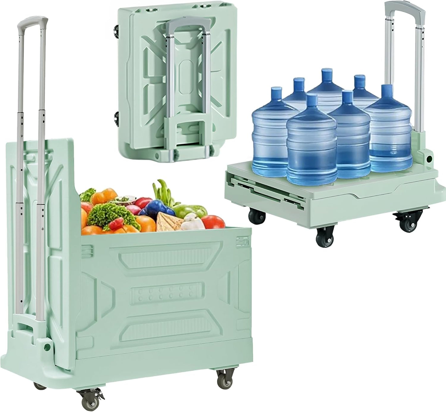 Foldable Shopping Cart with Wheels, Collapsible Rolling Crate for Groceries, Folding Storage Box with Handle, Three Modes of Use, Ideal for Teacher, Trip, Outdoors, Etc., 16GAL, Green