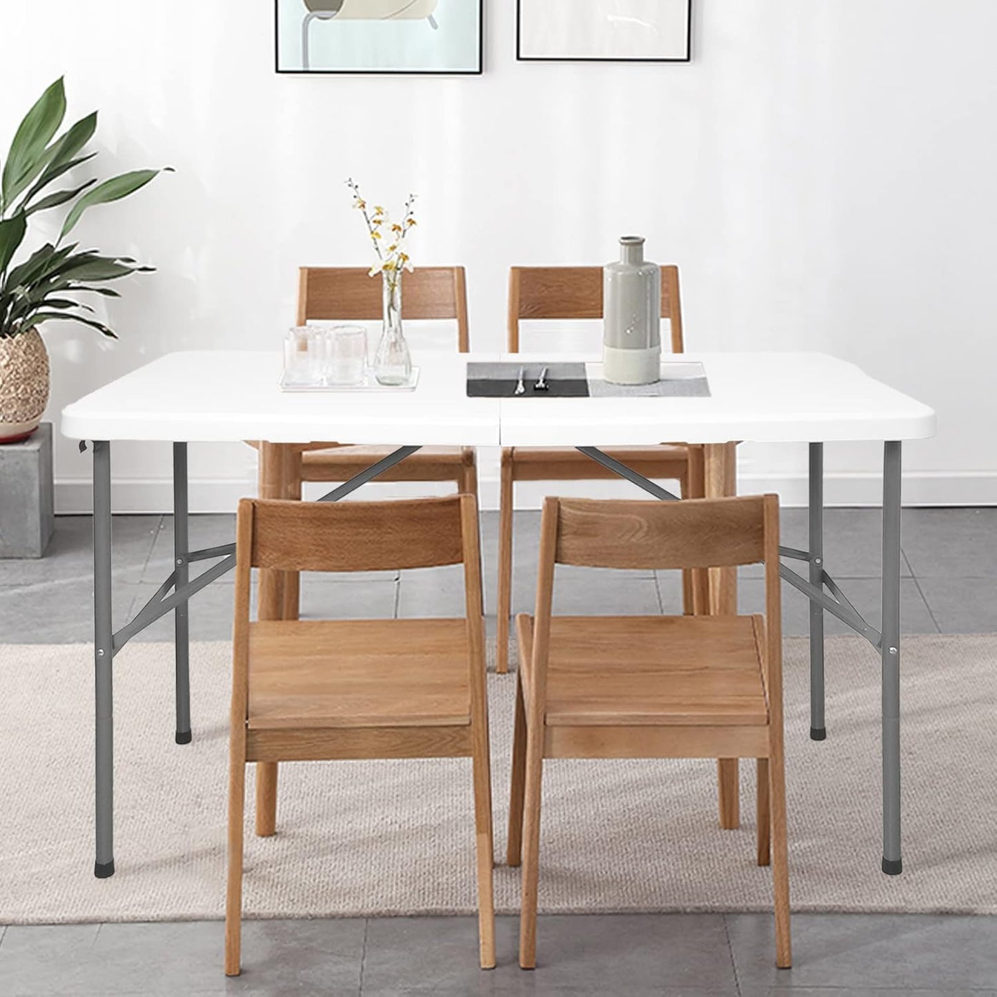 Bi-Fold Folding Table 4 FT, Plastic Portable Table for Dining Parties Card Picnic Camping, Granite White