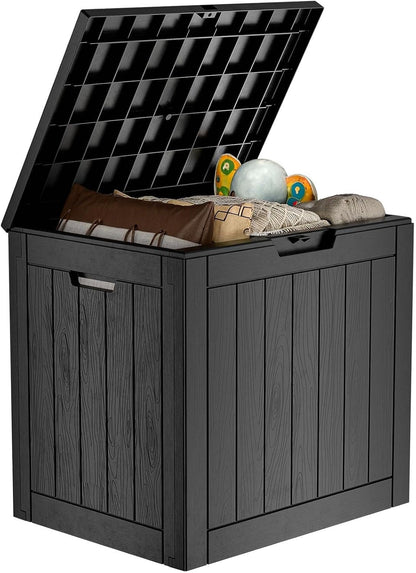 30 Gallon Outdoor Deck Box,Storage Lockable Waterproof Patio Furniture,Garden Tools,Cushions,Pool Accessories Outside Storage Resin Box(Black)