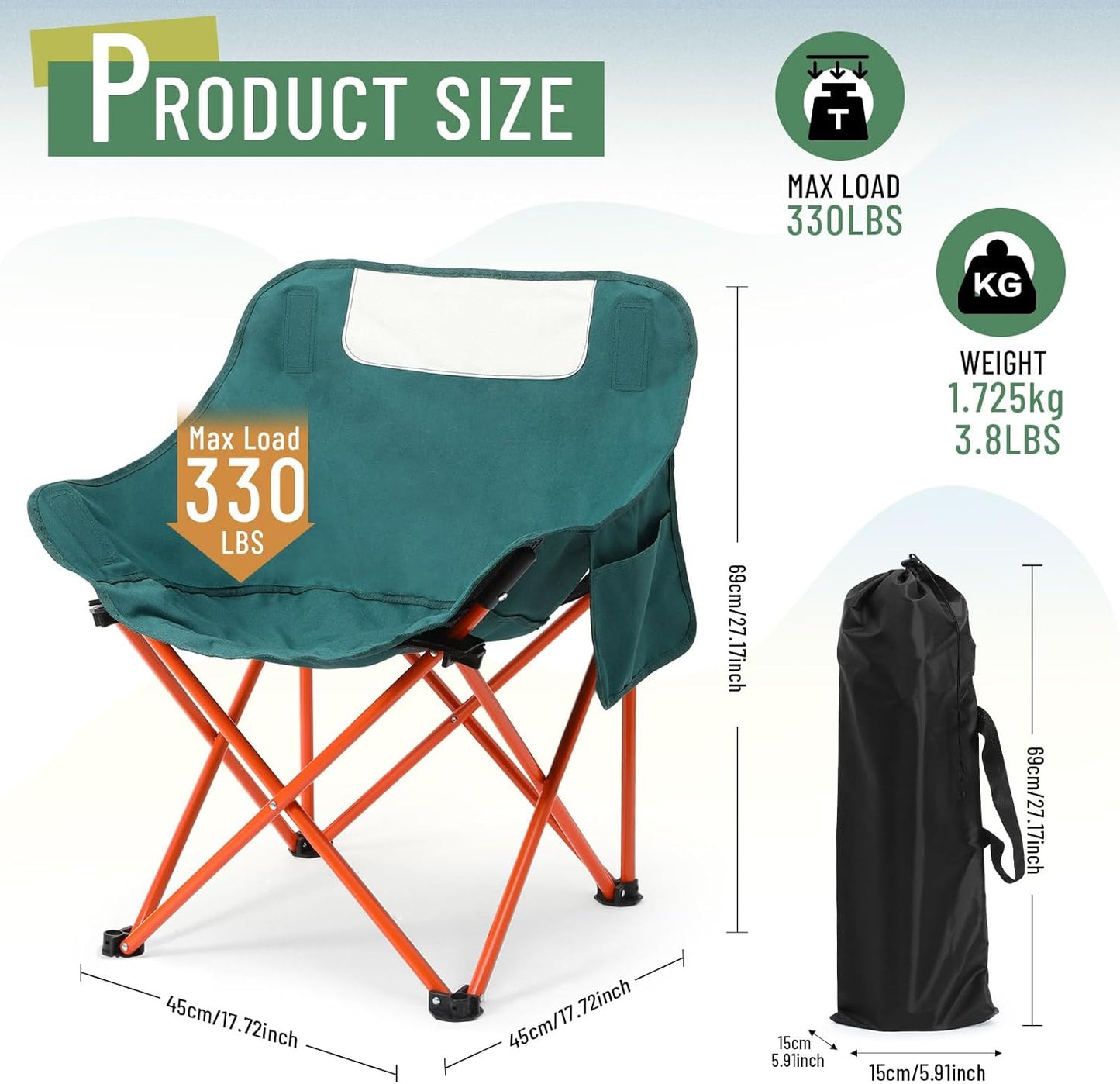 2 Pack Compact Camping Chairs Portable Folding for Outside with Carry Bag Lightweight Moon Chairs for Travel Picnic Hiking Beach Fishing, 600D Oxford, Supports 330lbs(Green)