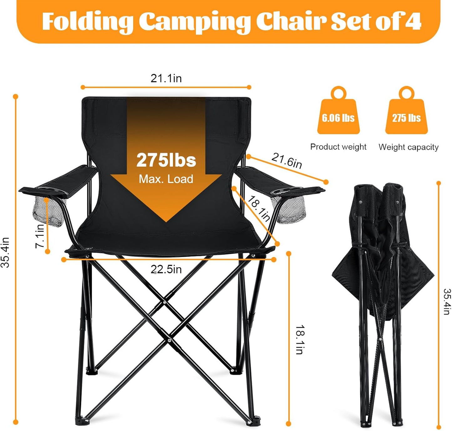 Camping Chairs 4 Pack, Oversized Folding Chair with Cup Holders for Adults, Portable Chair & Carry Bag for Outdoor Backyard, Beach, Lawn, Patio, Picnic, Fishing, Oxford Fabric & Heavy Duty