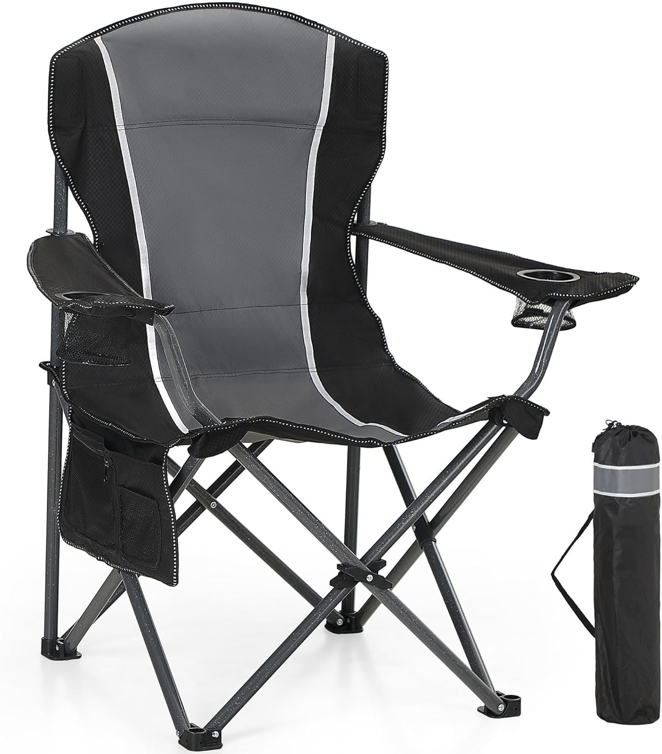 Oversized Camping Folding Outdoor Chair with Armrest, Collapsible Portable Lawn Chair with Cup Holder for Adults Support 350 LBS, Gray-Black