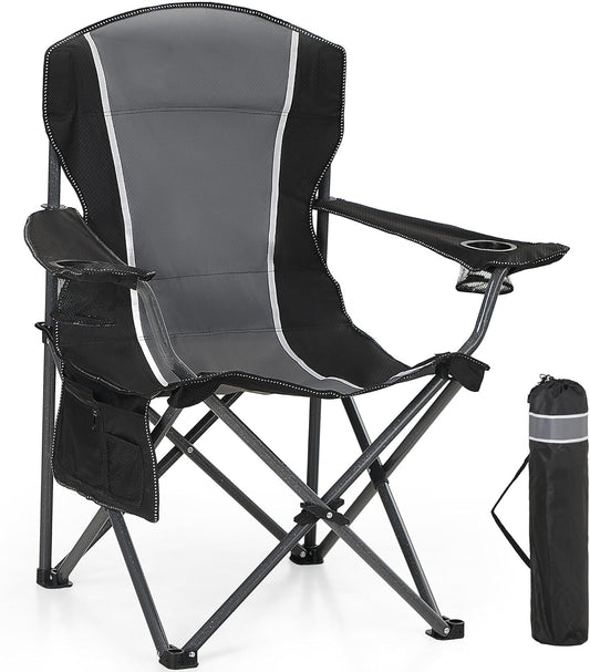 Oversized Camping Folding Outdoor Chair with Armrest, Collapsible Portable Lawn Chair with Cup Holder for Adults Support 350 LBS, Gray-Black