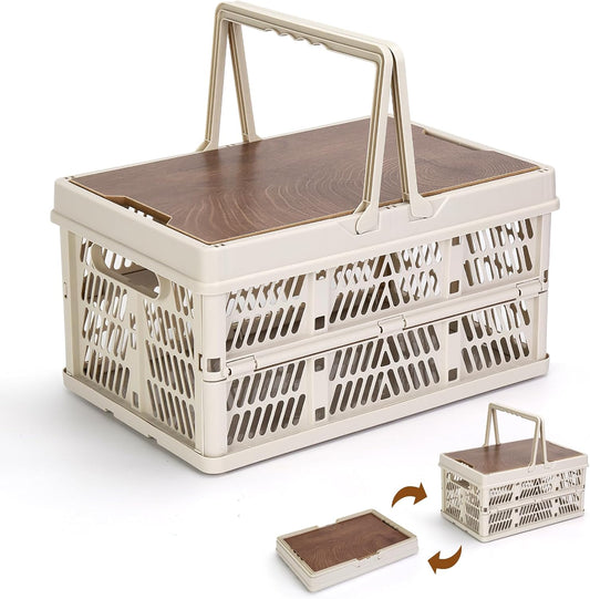 Collapsible Storage Bin with Handle & Wooden Lid, 4.76Gal Plastic Picnic Basket, Hollow out design, Crate for Camping, Outdoor Gatherings & Travel, Beige, 18L