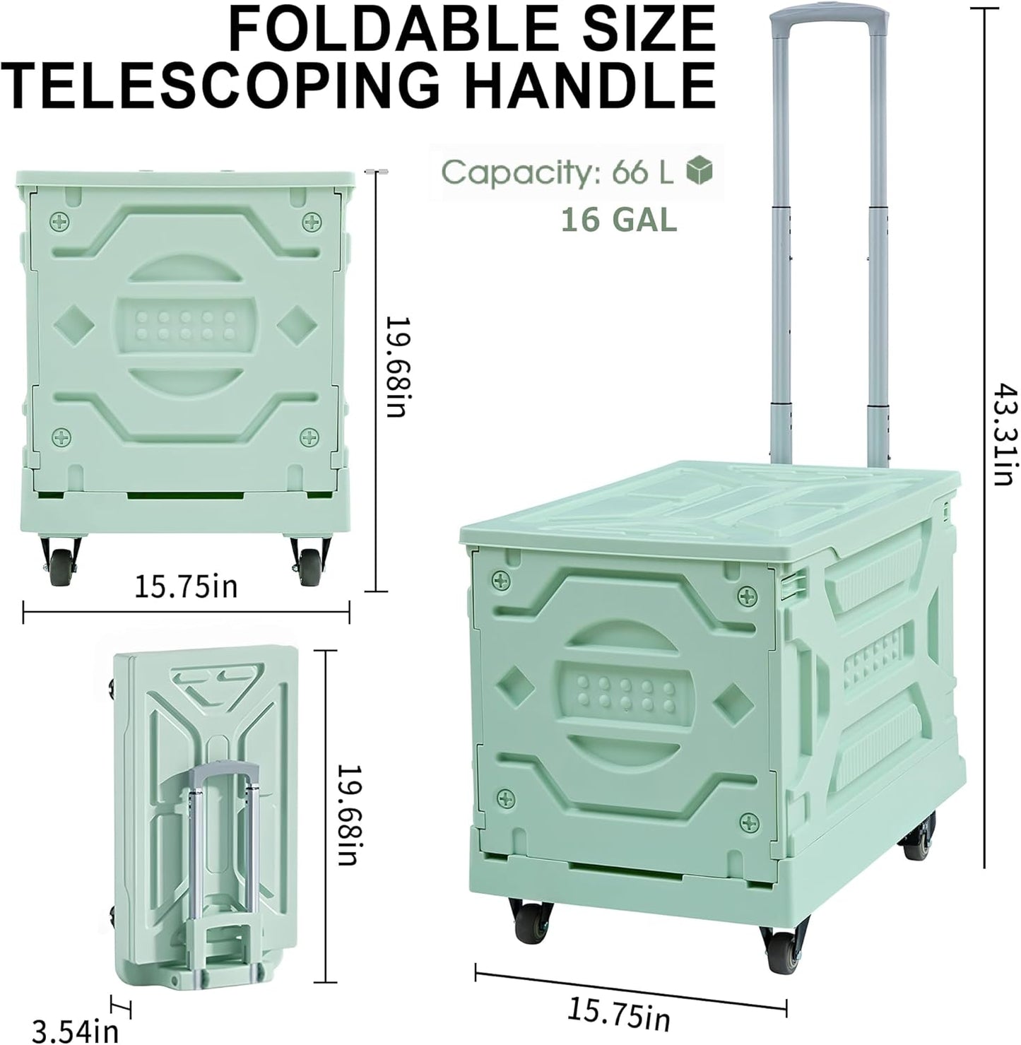 Foldable Shopping Cart with Wheels, Collapsible Rolling Crate for Groceries, Folding Storage Box with Handle, Three Modes of Use, Ideal for Teacher, Trip, Outdoors, Etc., 16GAL, Green
