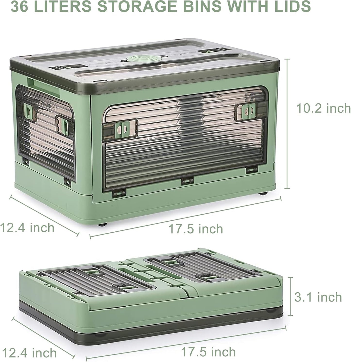 2 Pack Plastic 4 Doors Collapsible Storage Bins with Lid & Wheels, 36 Liters Folding Storage Bins, Stackable Multifunctional Box for Camping Clothes Snack Storage