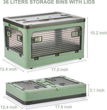 2 Pack Plastic 4 Doors Collapsible Storage Bins with Lid & Wheels, 36 Liters Folding Storage Bins, Stackable Multifunctional Box for Camping Clothes Snack Storage