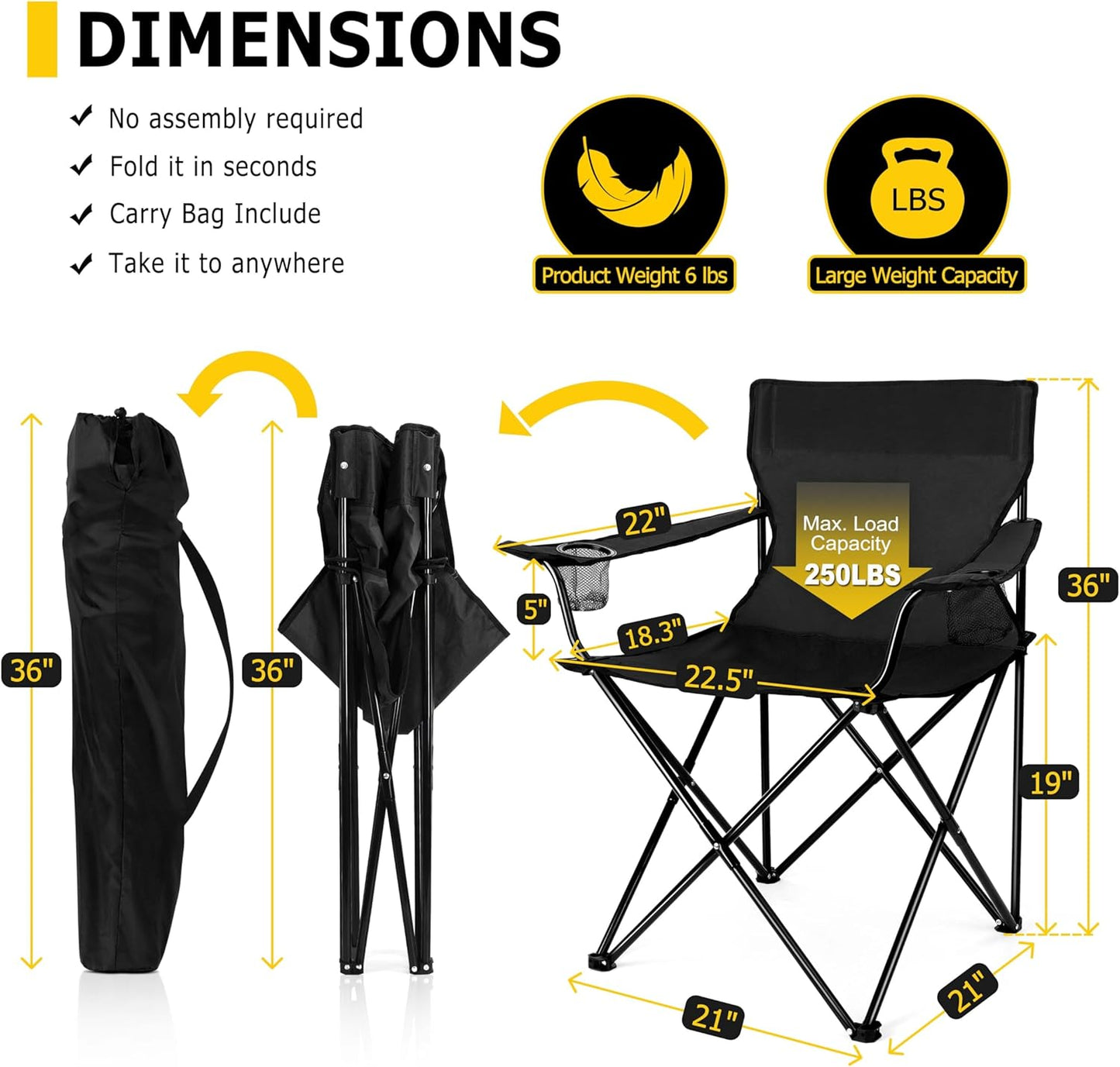 Portable Camping Chair, Outdoor Lawn Folding Chairs for Adults, Heavy Duty Large Foldable Chairs for Beach, Fishing, Tailgating Outdoor Sport, 2 Cup Holders & Carry Bag