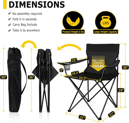 Portable Camping Chair, Outdoor Lawn Folding Chairs for Adults, Heavy Duty Large Foldable Chairs for Beach, Fishing, Tailgating Outdoor Sport, 2 Cup Holders & Carry Bag