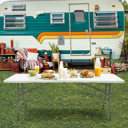 Folding Table 6ft Plastic Folding Table Indoor & Outdoor for Picnic, Camping,BBQ and Party, with Powder Coated Steel Legs and Built in Carry Handle, White