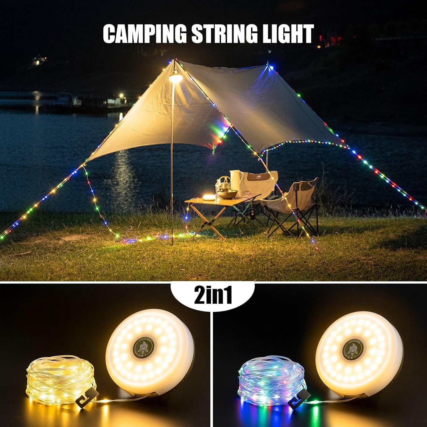 2-Pack Camping String Lights - 4 in 1 Outdoor Camping Lantern with 8 Lighting Modes(32.8Ft), Quick 30s Recovery, Waterproof,  Fast Charging, Portable Camping Lights for Camping/Yard/Hiking