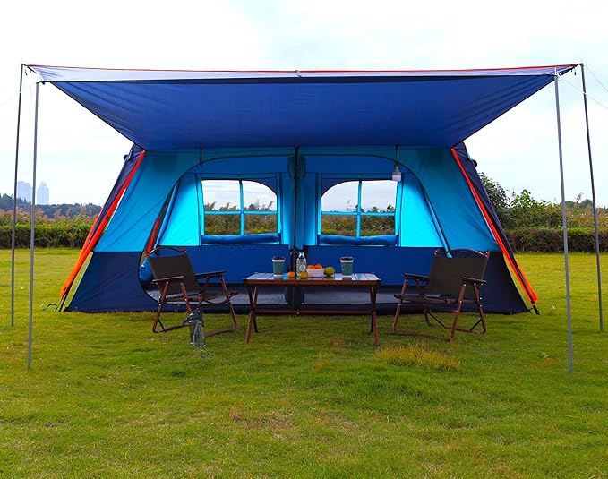 Extra Large Tent 10-12-14 Person(B),Family Cabin Tents,2 Rooms,3 Doors and 3 Windows with Mesh,Straight Wall,Waterproof,Double Layer,Big Tent for Outdoor,Picnic,Camping,Family Gathering