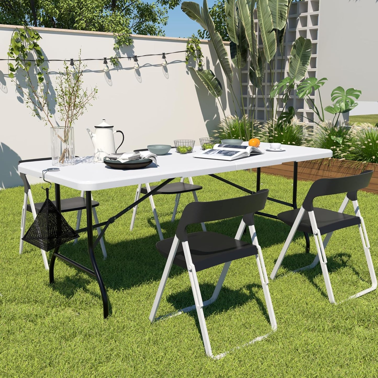 6Ft Folding Picnic Portable Table,with Mesh Bag Indoor Outdoor,Heavy Duty Foldable Plastic Camp Desk with Handle Legs for Dining Wedding&Party,White