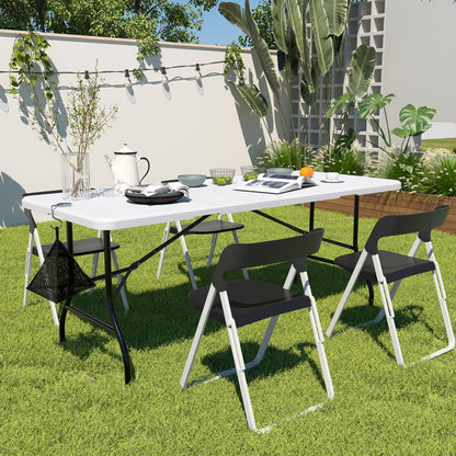 6Ft Folding Picnic Portable Table,with Mesh Bag Indoor Outdoor,Heavy Duty Foldable Plastic Camp Desk with Handle Legs for Dining Wedding&Party,White
