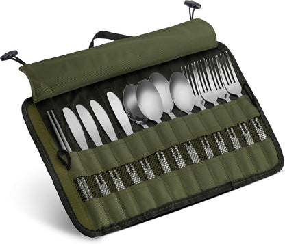 13 Piece Stainless Steel Family Cutlery Picnic Utensil Set with Travel Case for Camping | Hiking | BBQs - Includes Forks | Spoons | Knifes | Chopstick, Plus Nylon Commuter Case (Green)