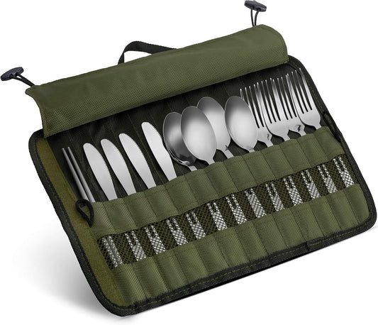 13 Piece Stainless Steel Family Cutlery Picnic Utensil Set with Travel Case for Camping | Hiking | BBQs - Includes Forks | Spoons | Knifes | Chopstick, Plus Nylon Commuter Case (Green)